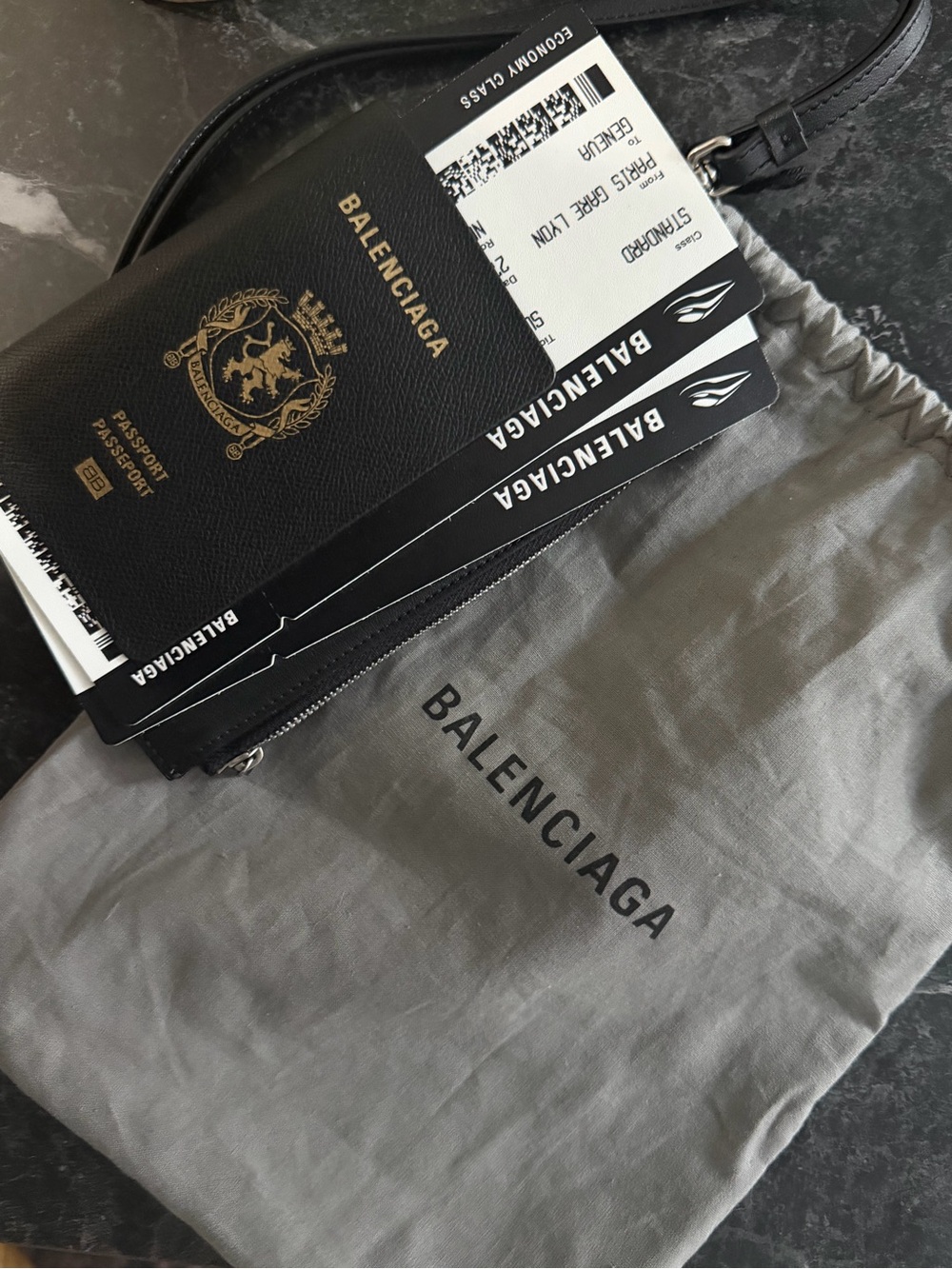 Balenciaga Black Leather Passport Cover with Gold Crest